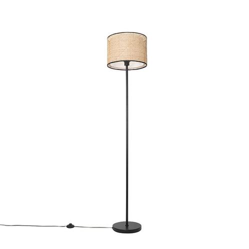 Landelijke vloerlamp zwart met rotan kap - Kata, Huis en Inrichting, Lampen | Vloerlampen, Nieuw, Overige materialen, 150 tot 200 cm