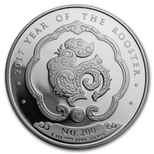 Bhutan Lunar Rooster 1 oz 2017 (200.000 oplage), Postzegels en Munten, Munten | Oceanië, Losse munt, Zilver, Verzenden