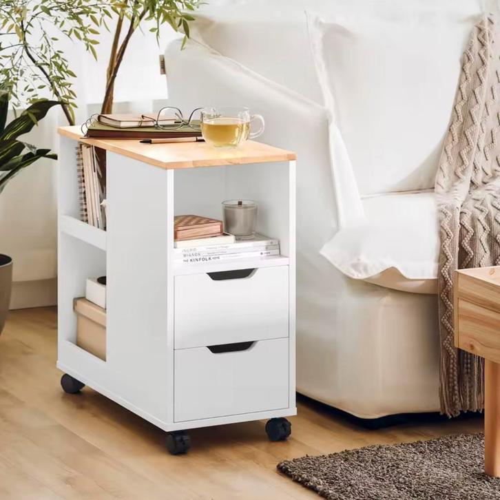 Rolbare Bijzettafel met Lades en Vakken – Wit en licht hout, Huis en Inrichting, Tafels | Bijzettafels, Nieuw, Verzenden