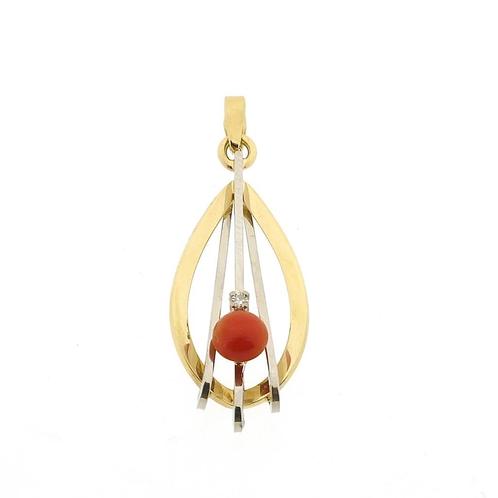 Bicolor gouden hanger met bloedkoraal en diamant | 0,02 ct., Sieraden, Tassen en Uiterlijk, Bedels, Gebruikt, Overige merken, Goud