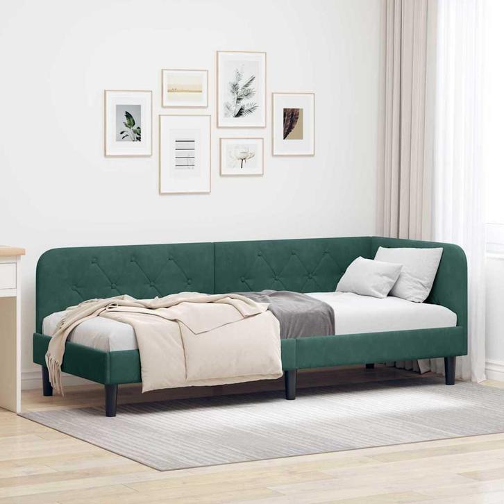 vidaXL Hoekbedframe met hoofdeinde Donkergroen 80 x 200 cm, Huis en Inrichting, Slaapkamer | Bedden, Groen, Nieuw, Stof, Verzenden