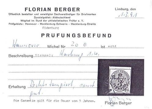 Hannover - Nr. 20 gestempeld Foto Bevinding Berger BPP, Postzegels en Munten, Postzegels | Europa | Duitsland