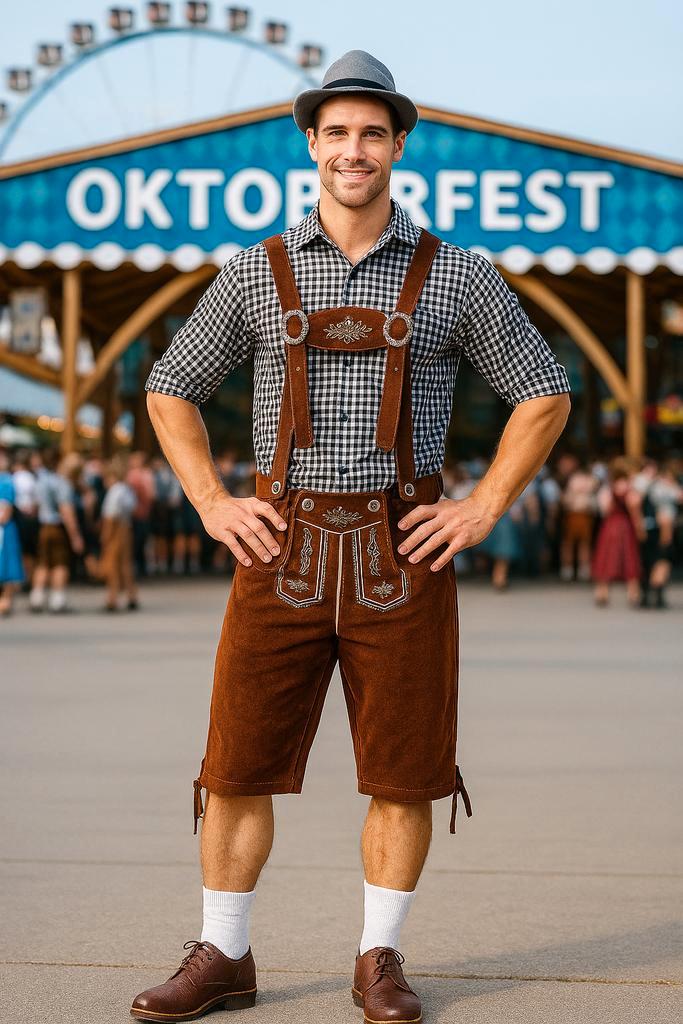 Grijs Oktoberfest Kostuum met Bruine Lederhosen - Maat M, Kleding | Heren, Carnavalskleding en Feestkleding, Nieuw, Maat 48/50 (M)
