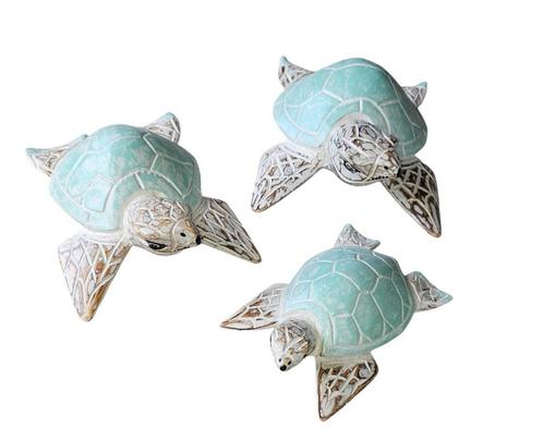 Handgemaakte  schildpadden set driedelig turquoise wit, Tuin en Terras, Tuinwanddecoratie, Verzenden