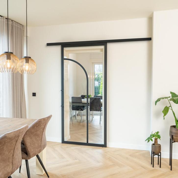 Stalen Schuifdeur koofsysteem Zwart 2 Vlaks rond Helder glas, Doe-het-zelf en Verbouw, Kozijnen en Schuifpuien, Inclusief glas