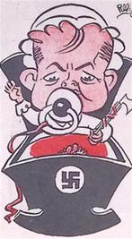 Spotprent met baby in een Nazi wieg (lijst optie, Lithos), Verzenden