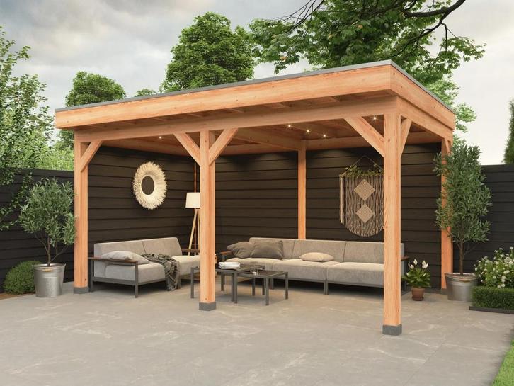 Douglas overkapping, 600 x 300, met zwarte achterwand en, Tuin en Terras, Overkappingen