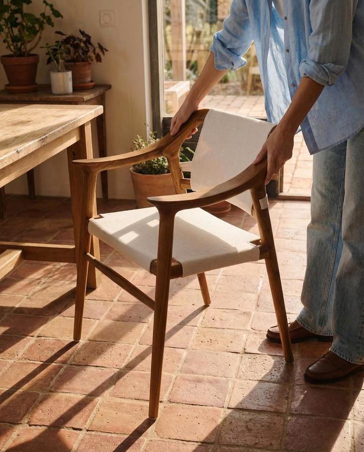 Lyra eetkamerstoel – massief teak – 25% Korting, Huis en Inrichting, Stoelen, Eén, Wit, Nieuw, Hout, Stof, Ophalen of Verzenden