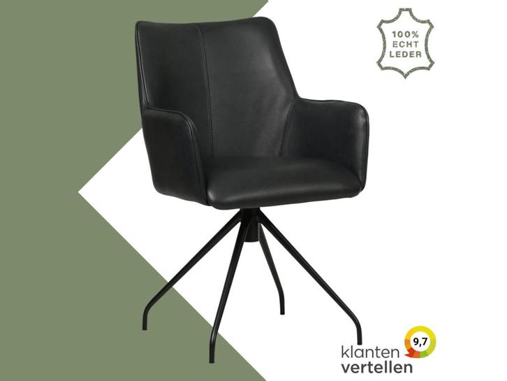 Leren eetkamerstoel Wave - Granada Black (zwart) - Spinpoot, Huis en Inrichting, Stoelen, Eén, Zwart, Nieuw, Leer, Ophalen of Verzenden