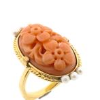 Gouden ring met bloedkoraal en parel | Vintage (geelgoud), Sieraden, Tassen en Uiterlijk, Ringen, Gebruikt, Overige kleuren, Ophalen of Verzenden