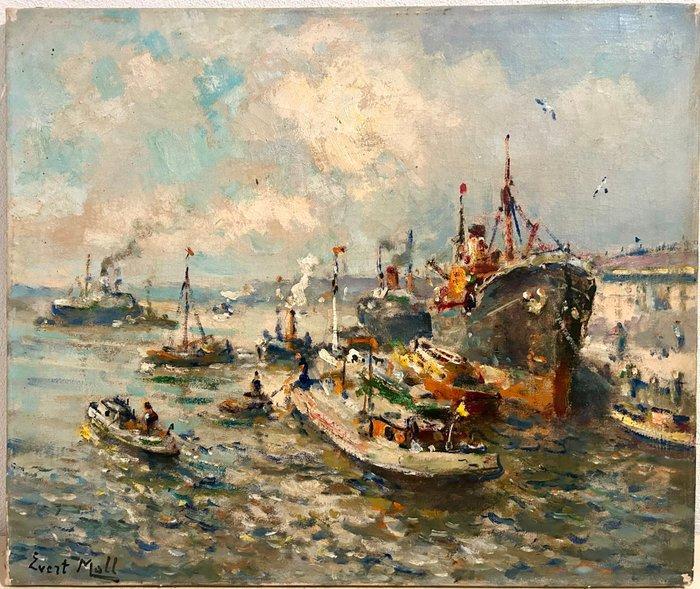 Evert Moll (1878-1955) - Bedrijvigheid in haven van, Antiek en Kunst, Kunst | Schilderijen | Klassiek