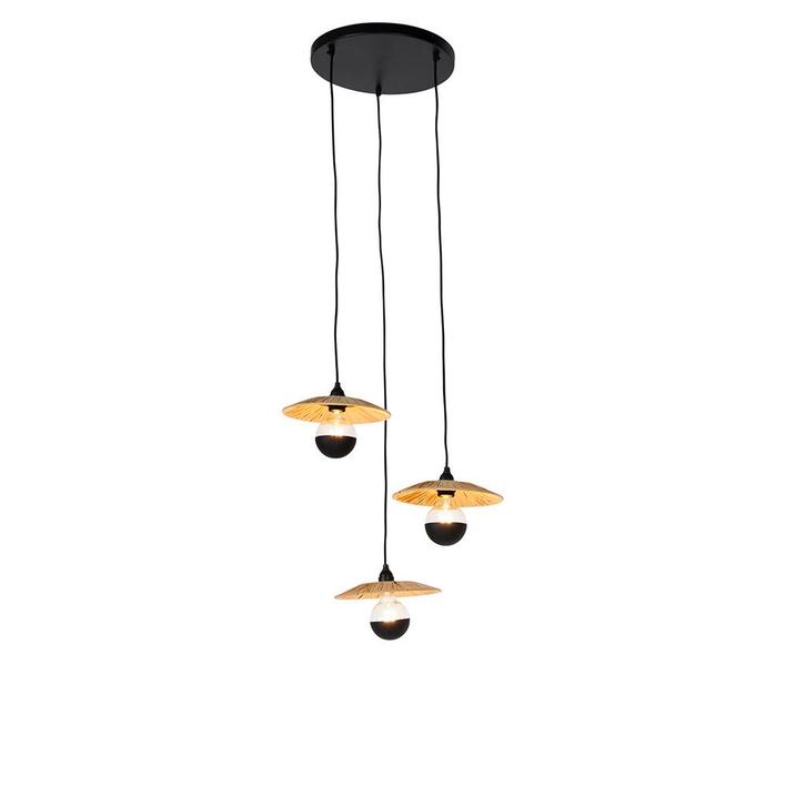 Landelijke hanglamp zwart met touw 3-lichts - Leia, Huis en Inrichting, Lampen | Hanglampen, Nieuw, Overige materialen, 75 cm of meer