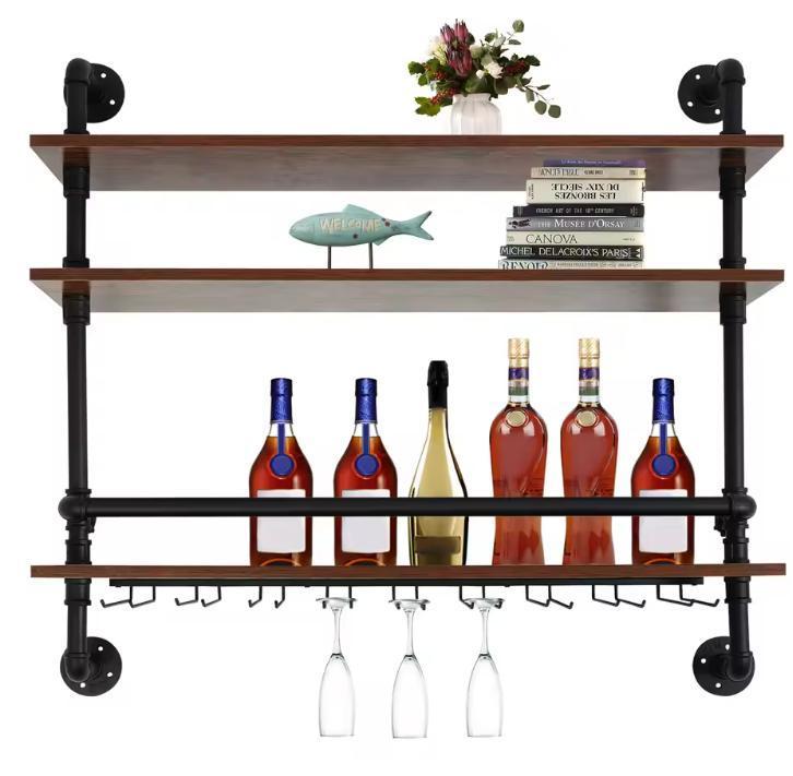 Industriële Wand Wijnrek – 3-Lagen Hout en Metaal, 92 cm, Huis en Inrichting, Kasten | Wandmeubels, Nieuw, Verzenden