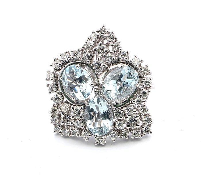 Ring - 18 karaat Witgoud - 5.20ct. tw. Aquamarijn - Diamant, Sieraden, Tassen en Uiterlijk, Ringen