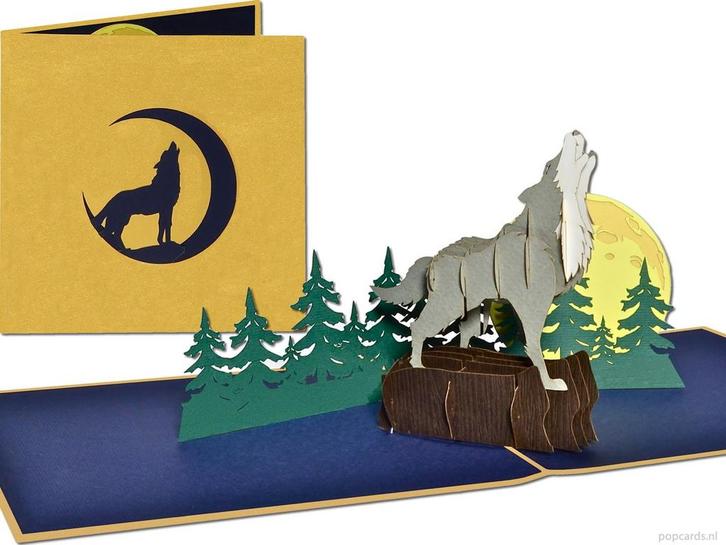 Schitterende Huilende Wolf pop-up kaart met goudglanzende..., Diversen, Wenskaarten, Verzenden