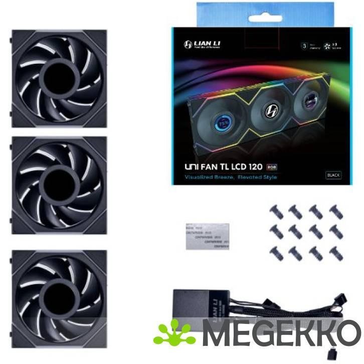 Lian Li UNI FAN TL LCD Series 120mm 3-Pack Black, Computers en Software, Computerkoelers, Nieuw, Verzenden