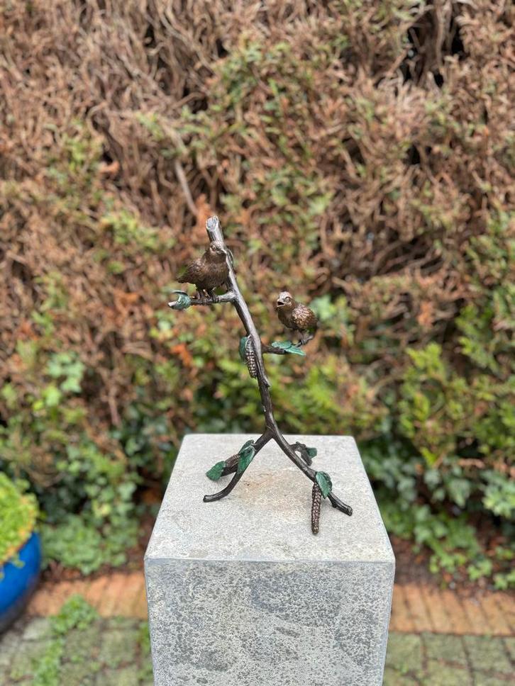 Bronzen mussen op een tak - Tuinbeeld - Interieur, Tuin en Terras, Tuinbeelden, Dierenbeeld, Nieuw, Metaal, Verzenden