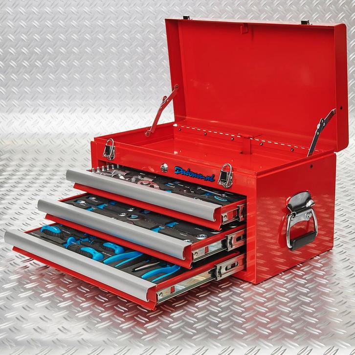 Datona Gereedschapskist drie lades - 3 lades gevuld - rood -, Doe-het-zelf en Verbouw, Gereedschap | Handgereedschap, Nieuw, Ophalen of Verzenden