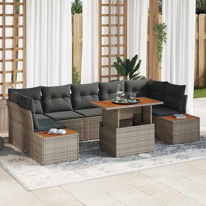 vidaXL Tuin Eetset met kussen 8 pcs Grijs en Bruin, Tuin en Terras, Tuinsets en Loungesets, Nieuw, Rotan, Verzenden