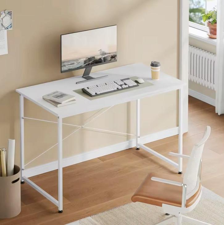 Nieuw: Houten Bureau Wit met Metalen Frame 100, 120 en 140cm, Huis en Inrichting, Bureaus, Bureau, Nieuw, In hoogte verstelbaar