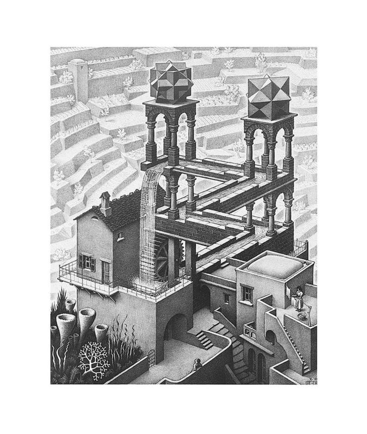 Kunstdruk M. C. Escher - Wasserfall 55x65cm, Huis en Inrichting, Woonaccessoires | Schilderijen, Tekeningen en Foto's, Nieuw, Verzenden