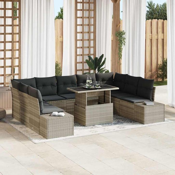 vidaXL Tuin Sofa Set met opslag 10 pcs Lichtgrijs Poly riet, Tuin en Terras, Tuinsets en Loungesets, Nieuw, Rotan, Verzenden