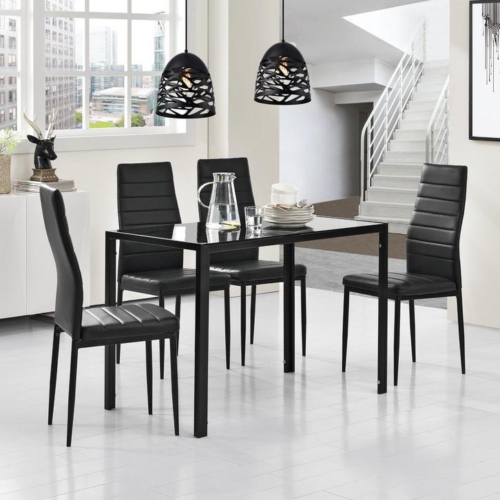 Eetkamerset eethoek Porvoo 5-delig glas tafel en stoelen zwa, Huis en Inrichting, Tafels | Eettafels, Verzenden
