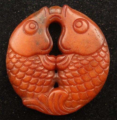Jaspe - Rijkdomsamulet - De twee gouden vissen - Geluk,, Antiek en Kunst, Antiek | Boeken en Bijbels