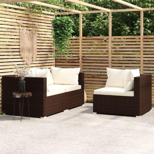vidaXL 3-delige Loungeset met kussens poly rattan bruin, Tuin en Terras, Tuinsets en Loungesets, Loungeset, Nieuw, Rotan, Verzenden