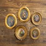 Lijst (5)- handgeschilderde bloemenschilderijen - Hout -, Antiek en Kunst