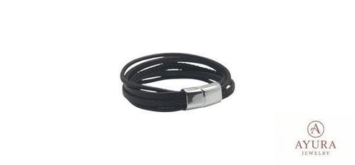 Leren heren armband met roestvrijstalen sluiting, Sieraden, Tassen en Uiterlijk, Armbanden, Zwart, Nieuw, Leer, Verzenden
