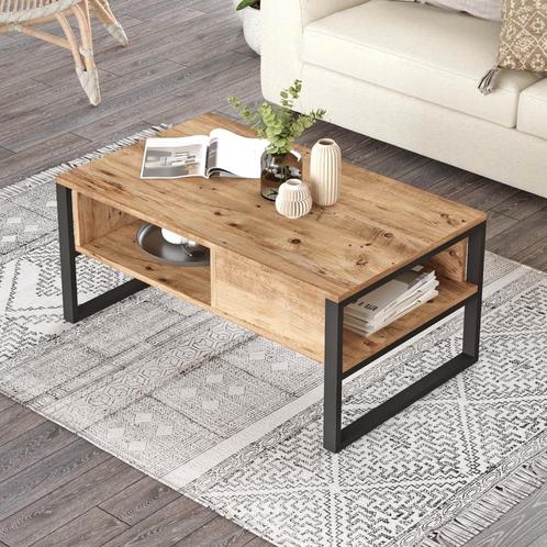 [en.casa] Salontafel Laukaa 100x60x44,5cm houtkleurig en zwa, Huis en Inrichting, Tafels | Salontafels, Nieuw, Verzenden