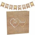 Slinger en gastenboek set van jute met wit en goud opdruk, Hobby en Vrije tijd, Feestartikelen, Verzenden, Nieuw, Versiering, Geboorte of Huwelijk