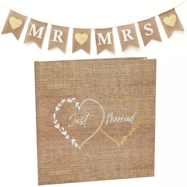 Slinger en gastenboek set van jute met wit en goud opdruk, Hobby en Vrije tijd, Feestartikelen, Geboorte of Huwelijk, Nieuw, Versiering