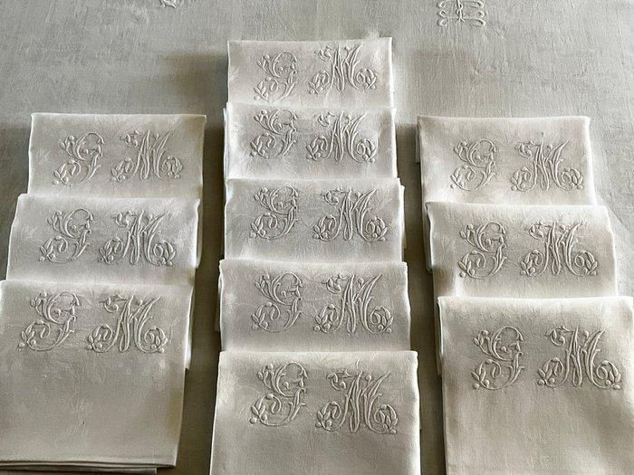 10 vroege 20e-eeuwse damastlinnen servetten met initialen, Antiek en Kunst, Antiek | Kleden en Textiel