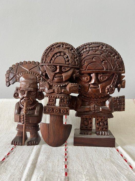 Set van 3 Peruaanse handgemaakte sculpturen in massief hout, Antiek en Kunst, Kunst | Niet-Westerse kunst