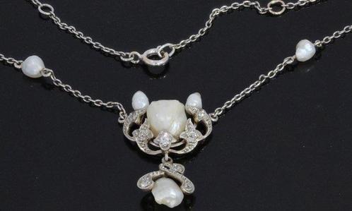 Ketting - 14 karaat Platina, Witgoud Diamant (Natuurlijk) -, Sieraden, Tassen en Uiterlijk, Antieke sieraden