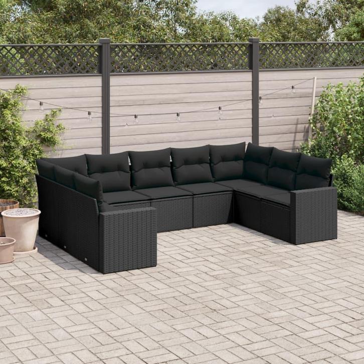 vidaXL 9-delige Loungeset met kussens poly rattan zwart, Tuin en Terras, Tuinsets en Loungesets, Loungeset, Nieuw, Rotan, Verzenden