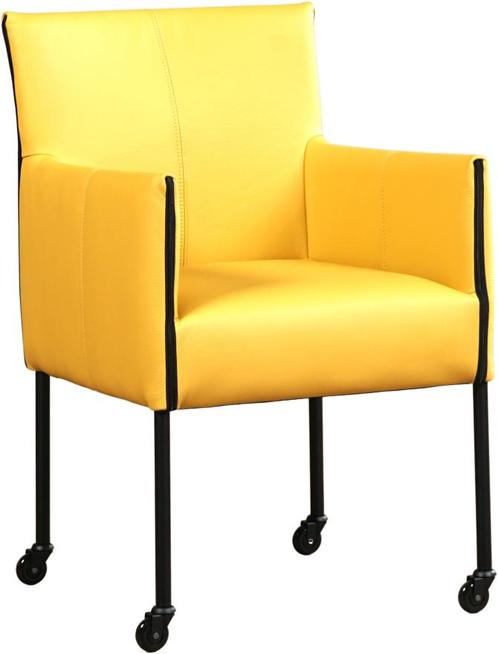 Gele leren moderne kuipstoel - poot rond zwart met wiel - To, Huis en Inrichting, Stoelen, Eén, Nieuw, Leer, Ophalen of Verzenden