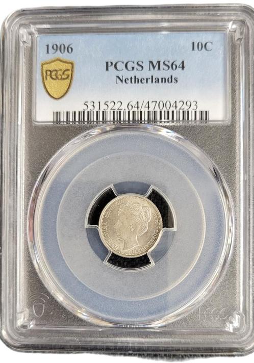 Koningin Wilhelmina 10 cent 1906 PCGS MS64 gecertificeerd, Postzegels en Munten, Munten | Nederland, Losse munt, 10 cent, Koningin Wilhelmina
