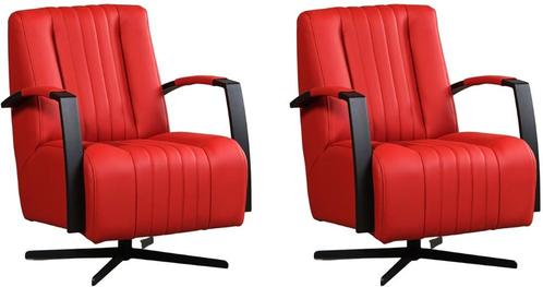 Rode leren industriële draaistoels - staal zwart frame met, Huis en Inrichting, Fauteuils, 50 tot 75 cm, 75 tot 100 cm, Nieuw