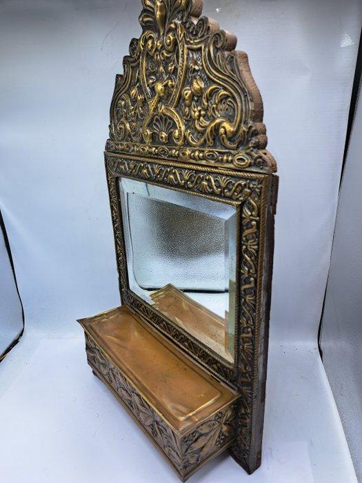 Wandspiegel- Kuifspiegel - Glas, Hout, Messing - Spiegel met, Antiek en Kunst, Curiosa en Brocante