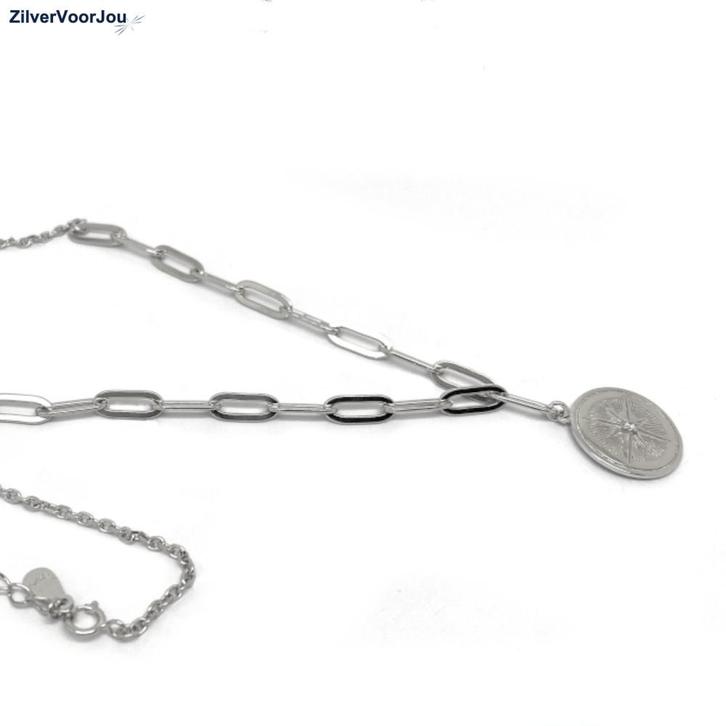 Zilveren kompas windroos schakelketting, Sieraden, Tassen en Uiterlijk, Kettingen, Nieuw, Verzenden