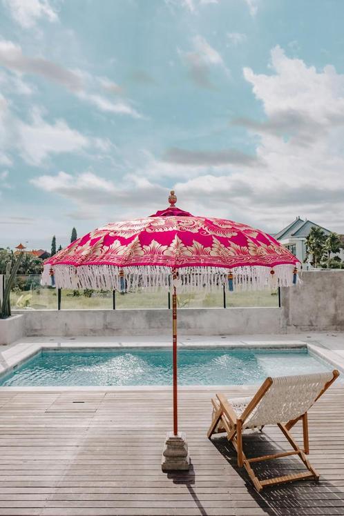 Bali parasol - Fuchsia met gouden franje - 250cm, Tuin en Terras, Parasols, Nieuw, Verzenden