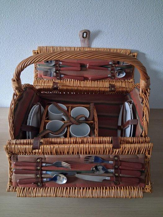 Picknickmand - rotan; leer - Rond model, Antiek en Kunst, Curiosa en Brocante