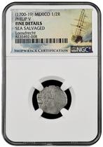 Loosdrecht Scheepswrak 1/2 Reales Mexico 1700-1719 NGC, Verzenden, Losse munt, Zilver