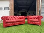 Bankstel  Chesterfield 2 zit bank +fauteuil rood leer, Gebruikt, Design, Driepersoons, Rechte bank