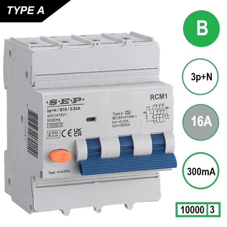 Sep aardlekautomaat 3P+N B16 300mA 10kA - RCM1, Doe-het-zelf en Verbouw, Elektra en Kabels, Ophalen of Verzenden