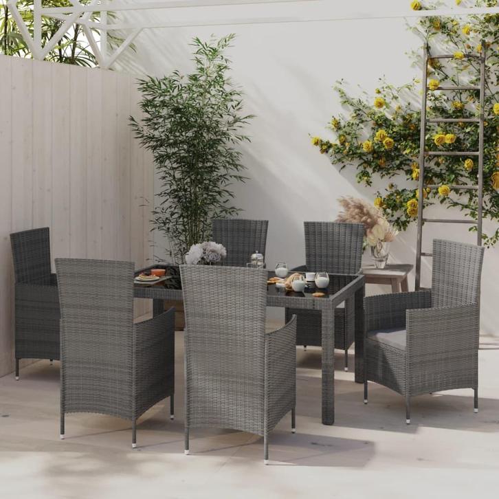 vidaXL 7-delige Tuinset met kussens poly rattan grijs, Tuin en Terras, Tuinsets en Loungesets, Tuinset, Nieuw, 6 zitplaatsen, Rotan