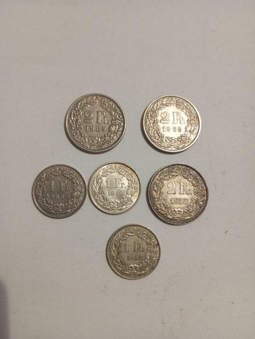 Zwitserland. Lot of 6 coins, incl. silver, 1 & 2 Francs, Postzegels en Munten, Munten | Europa | Niet-Euromunten